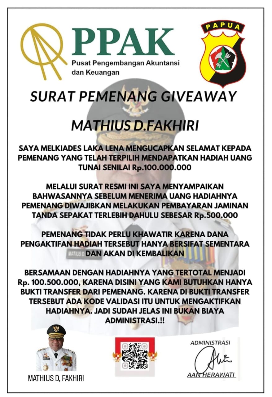 Nama Gubernur Papua MDF Dicatut dalam Giveaway Rp100 Juta di WhatsApp, HYU: Masyarakat Jangan Tertipu